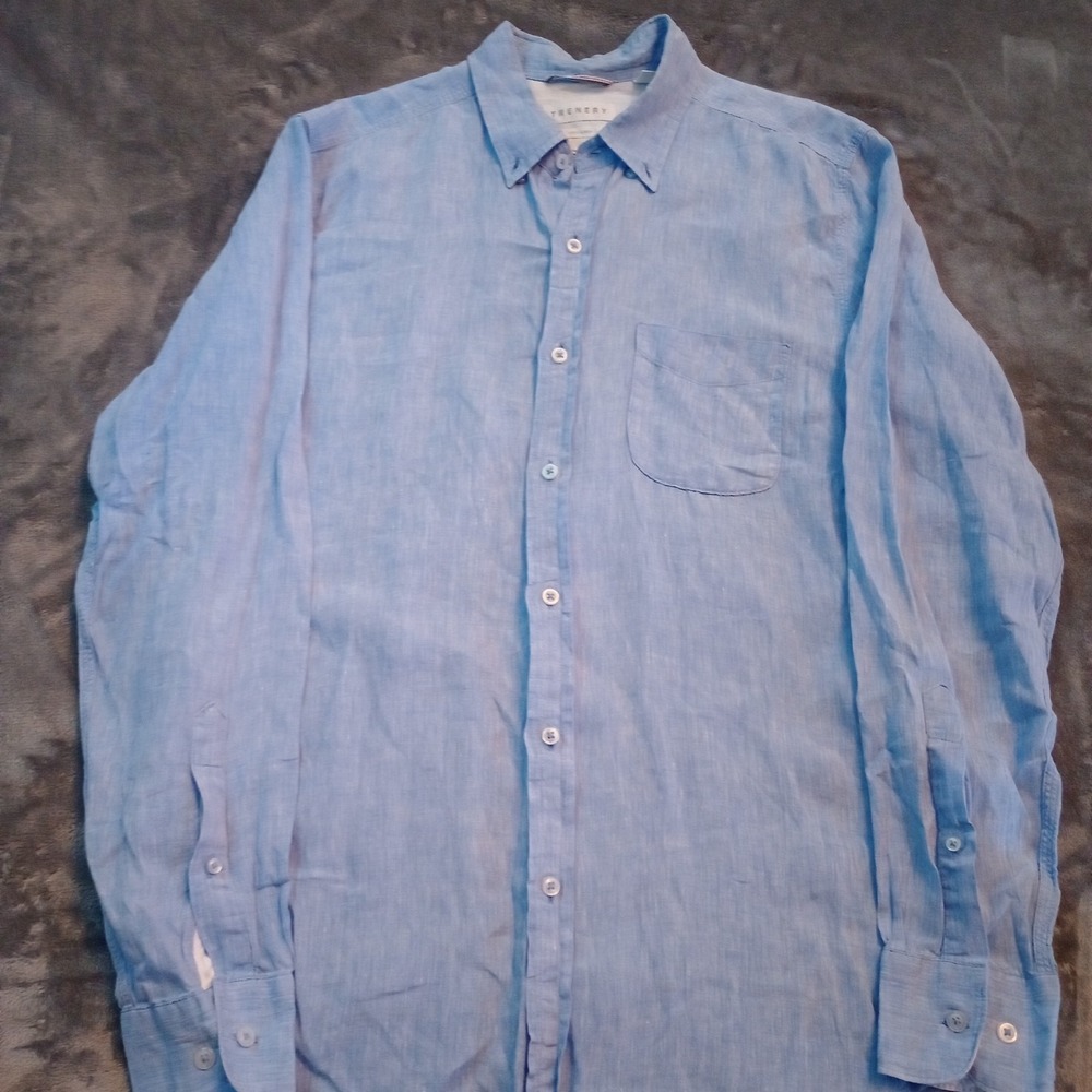 Trenery Button Down Shirt Mens‎ Sz Medium 100% Linen Blue Long Sleeves